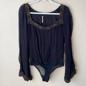 Free People Bell Sleeve Brown Beaded Black Sheer Bodysuit Size Small